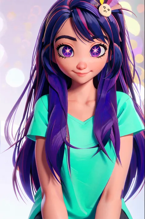 Hoshino Ai, long hair, purple hair, streaked hair, purple eyes, star-shaped pupils, hair ornament, 3D_Pixar_style