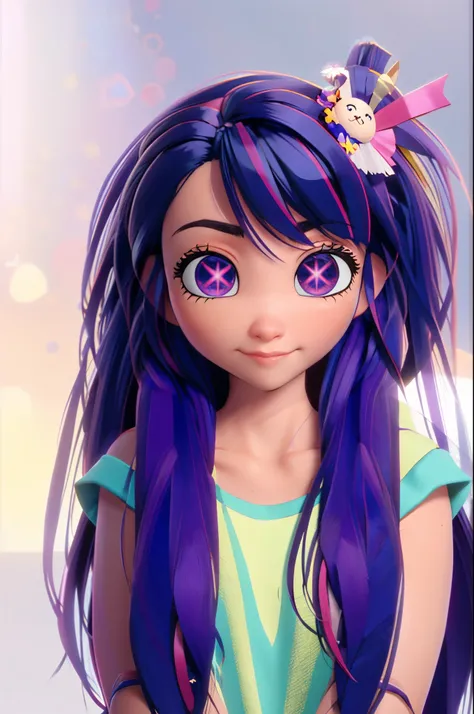 Hoshino Ai, long hair, purple hair, streaked hair, purple eyes, star-shaped pupils, hair ornament, 3D_Pixar_style