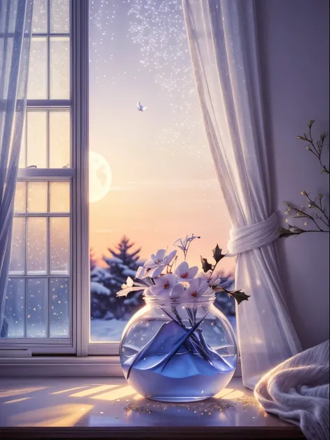 (Best quality:1.2), aesthetic lo-fi minimalist scene, winter, holly flower, window, moon, light bokeh, in soft colors, glitter, dynamic side angle, natural soft lighting, 8k resolution, illustration