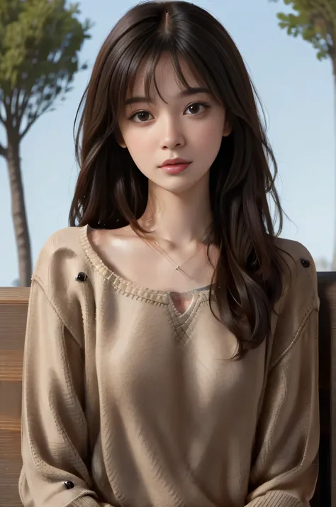 Best Quality, Photorealistic, 8K, hight resolution, fulcolor, 1girl in, Woman, 20 years old Woman, (Skindentation), (Portrait:0.6), Trees, park bench, Daylight, ((Park background:1.52)), fulcolor, ((Sweaters:1.68)), straight look at viewer:1.8, (1girl in e...