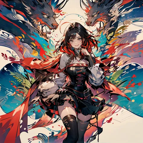 masutepiece, Best Quality:1.2), Solo, 1girl in, Mistral Rose, Smile, Looking at Viewer, Dress, corsets, red cape, thighs thighs thighs thighs