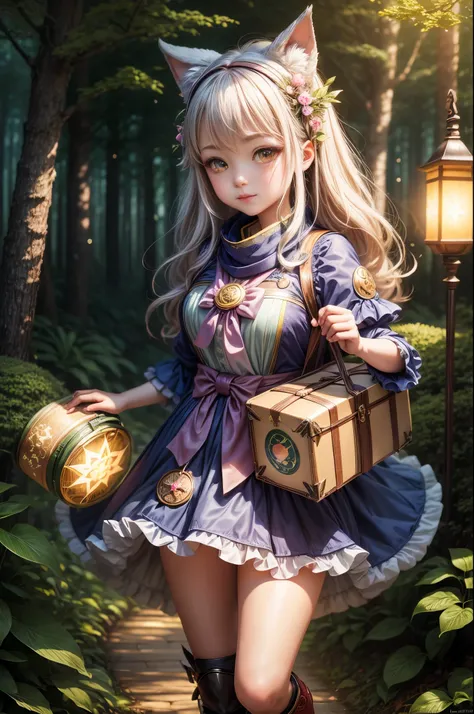 "((Kawaii)) girl in fantasy attire, holding a Yamatos Kuroneko logo parcel, (enchanted forest) backdrop, (mystical lighting), best quality, high resolution, detailed, ((whimsical composition)), (magical atmosphere)."