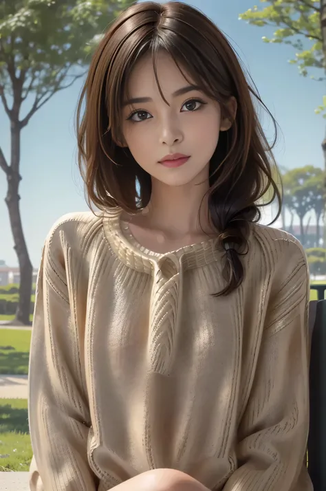 Best Quality, Photorealistic, 8K, hight resolution, fulcolor, 1girl in, Woman, 20 years old Woman, (Skindentation), (Portrait:0.6), Trees, park bench, Daylight, ((Park background:1.52)), fulcolor, ((Sweaters:1.68)), straight look at viewer:1.8, (1girl in e...