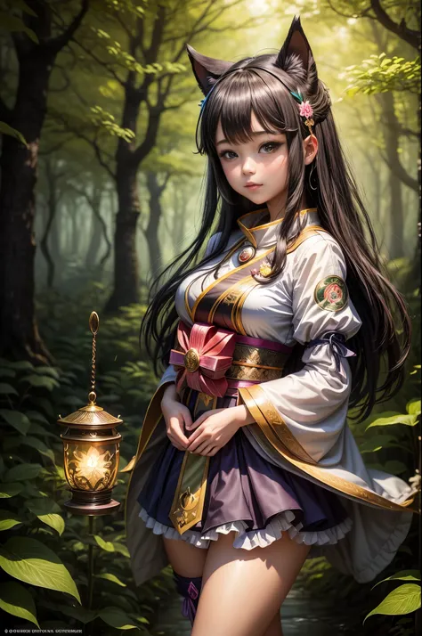 "((Kawaii)) girl in fantasy attire, holding a Yamatos Kuroneko logo parcel, (enchanted forest) backdrop, (mystical lighting), best quality, high resolution, detailed, ((whimsical composition)), (magical atmosphere)."