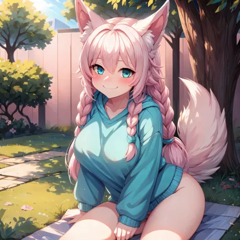 (Masterpiece) (High Detail) (High Res) A Close up of a short petite humanoid girl with pale human skin, bright turquoise-coloured eyes, long pink hair in a braid and large fluffy pink dog ears and a big fluffy pink dog tail and average breasts. She is smil...