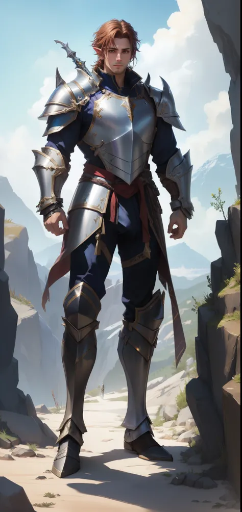 arafed male in armor standing on a rocky path, male paladin, a human male paladin, full portrait of magical knight, portrait of an adventurer, epic rpg portrait, casimir art, silvain sarrailh, thick armor, detailed full body concept art, crisp clear rpg po...