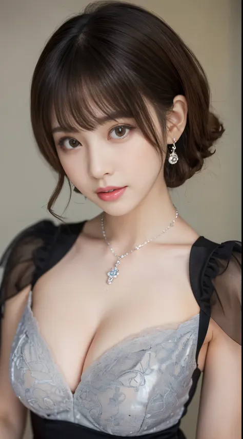 33 year old cute woman､Photos taken by a professional photographer，light brown delicate hair，Medium hair with wavy tips，Fancy makeup with brown eyeshadow，Black dress，round silver necklace，Medium breasts and cleavage，Looking away，Black High Heels，