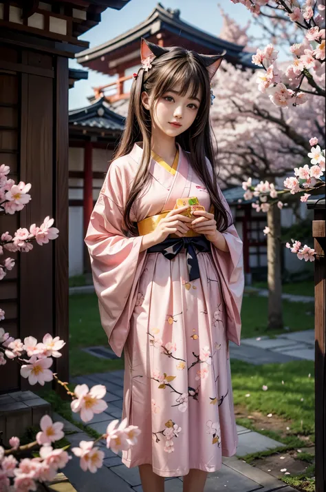 "((Kawaii)) Nekomimi girl presenting a parcel with Yamatos Kuroneko logo, (cherry blossom) background, (golden hour), best quality, high resolution, detailed, (ethereal atmosphere), ((Japanese fusion))."