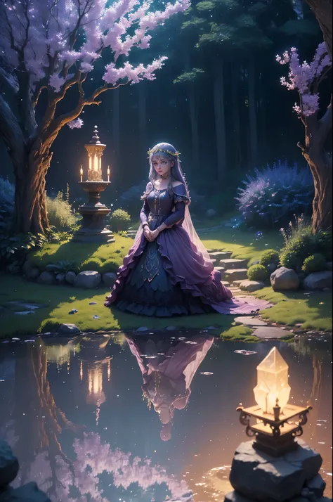 (a girl in a garden),gemstone-encrusted,standing on a moonlit altar,breathtaking beauty,dreamy,fantasy-like setting,mystical atmosphere, ethereal landscape,blurry boundaries between reality and fantasy,(best quality,4k,8k,highres,masterpiece:1.2),ultra-det...