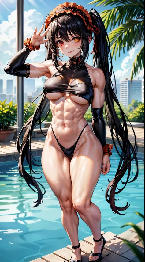 1 girl, bare shoulders, black hair, medium breasts, (muscular legs), white skin, muscular belly, wide hips, thin waist, (((clock eyes))), in the pool with the hot sun, (naked showing her muscles), (((being sexy))), full body, hair band, (((all wet))), (sta...