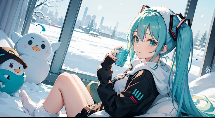 hatsune miku, medium breasts, medium size butt, milf, 30yo, casual winter clothes, winter, snowfall