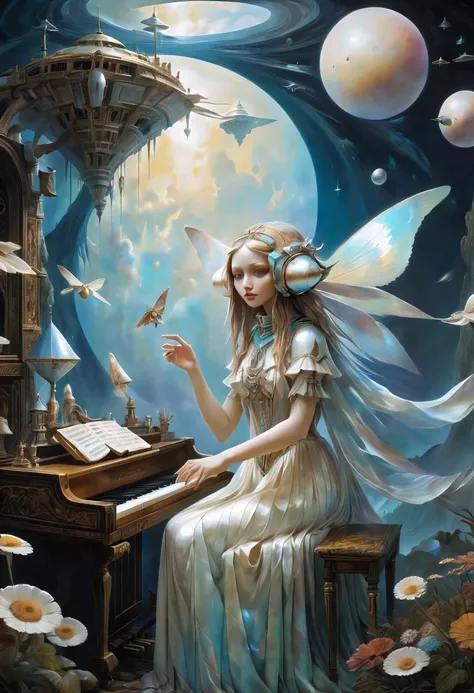 high quality, highly detailed, fantasy, At the forefront of this enchanting scene stands A Gorgeous Girl, a Mother of Pearl Loingcloth .This surrealistic painting featureutterflys ) and Piano Keypords draped over various objects computer, spaceship, in a d...