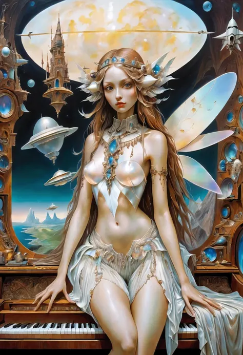 high quality, highly detailed, fantasy, At the forefront of this enchanting scene stands A Gorgeous Girl, a Mother of Pearl Loingcloth .This surrealistic painting featureutterflys ) and Piano Keypords draped over various objects computer, spaceship, in a d...