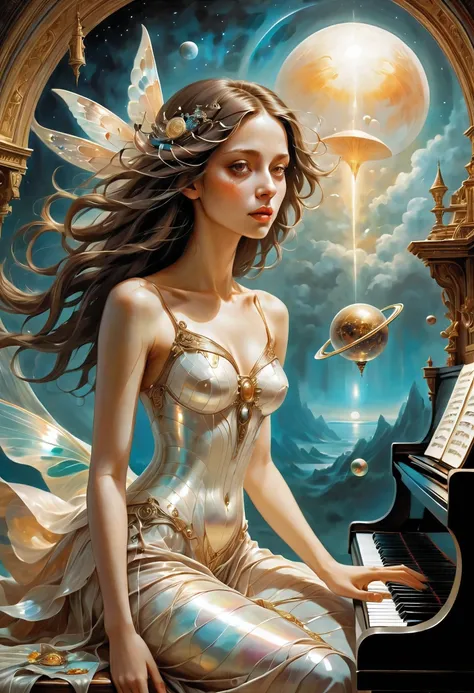 high quality, highly detailed, fantasy, At the forefront of this enchanting scene stands A Gorgeous Girl, a Mother of Pearl Loingcloth .This surrealistic painting featureutterflys )) and Piano Keypords over various objects computer, spaceship, Salvador Dal...