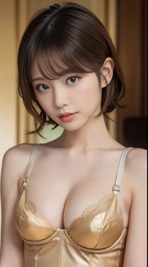 33 year old cute woman､Photos taken by a professional photographer，light brown delicate hair，Medium hair with wavy tips，Fancy makeup with brown eyeshadow，Black dress，round silver necklace，Medium breasts and cleavage，Looking away，Black High Heels，