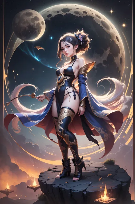 An exquisite fusion of art styles, showcasing a girl in a LOINCLOTH crafted from gemstones, standing atop a mystical moonlit altar, surrounded by an ethereal, dreamlike landscape that blurs the lines between reality and fantasy.