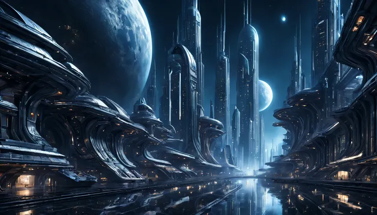 Es de noche, On an unknown planet there exists a futuristic city with immense technologically designed buildings that form an infinite avenue.., con estructuras acristaladas en plata, oro y bronce espectaculares. Con colores vivos. Suelo Ensolado. gente pa...