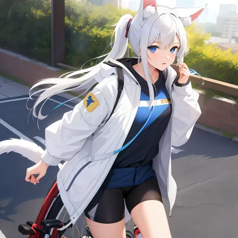 (masterpiece, best quality:1.2),1girl,solo,upper body,cowboy shot,1girl,solo,long_hair,bangs,blue_eyes,animal_ears,white_hair,dog_ears,side_ponytail,coat,animal_ear_fluff,white_coat,long_sleeves,tail,shoes,shorts,socks,bike_shorts,sneakers,