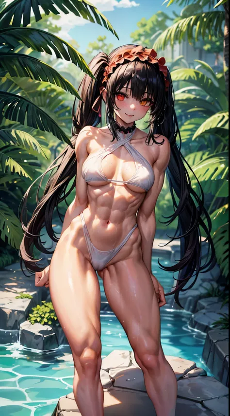 1 girl, bare shoulders, black hair, medium breasts, (muscular legs), (bare legs), white skin, muscular belly, wide hips, thin waist, (((clock eyes))), in the pool with the hot sun , (naked showing her muscles), (((being sexy))), full body, hairband, (((all...