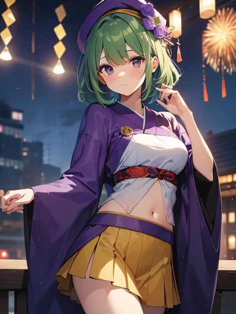 top-quality、extremely delicate and beautiful、(A teenage girl)、Purple Eye、Green hair、small tits、short-haired、(Purple pointy hat)、Soio、kimono outfit、Kimono、shortsleeves、Purple skirt、Purple Wizard Robe、Navel、is standing、new years eve