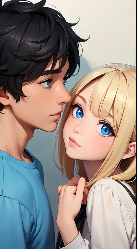 A boy with black hair and blue eyes and girl with blond hair and brown eyes