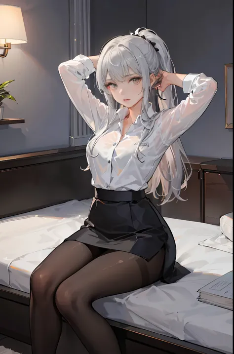 (((1 girl)),ray tracing,(dim lighting),[detailed background (bedroom)),((silver hair)),((silver hair)),(Fluffy silver hair, plump and slender girl))) with high ponytail))) Avoid golden eyes in the ominous bedroom ((((Girl wears a white shirt, black wrinkle...