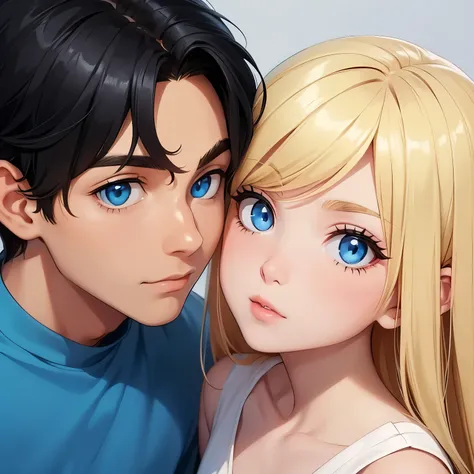 A boy with black hair and blue eyes and girl with blond hair and brown eyes