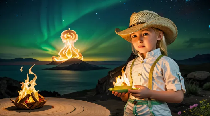 KIDS blonde girl in a cowboy hat holding a green light and a fire lantern, segurando uma lanterna, Um fogo verde e laranja gira em torno de uma pedra verde, frozen magic phoenix egg, liquid fire, arte renderizada, iridescence water elemental, glowing magma...