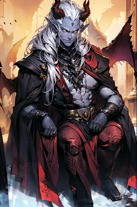 The Man with the Gray Skin, demon, A devil with horns and curls that grow out of his forehead, red skin, Yellow eyes, tiefling, Devils Tail.