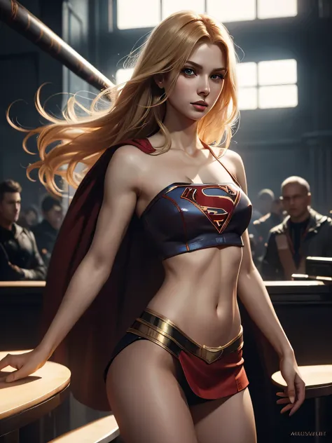 Supergirl, Prostitute Outfit, sexy, mini jupe rouge, crop top, jambes nues, corps entier, 4 9 9 0 s, longs cheveux blonds, complexe, elegant, Very detailed, digital painting, ArtStation, Art conceptuel, smouth, mise au point nette, Illustration par Wlop, C...