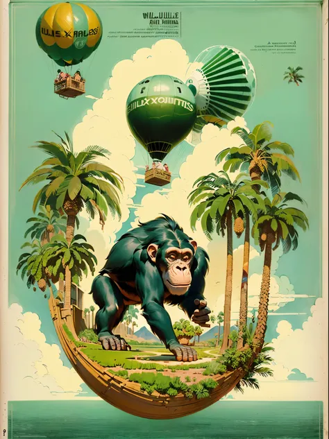 (((melhor qualidade)),, an illustration with a chimpanzee-shaped blimp flying over phoenix canariensis palm trees (((blimp with ...