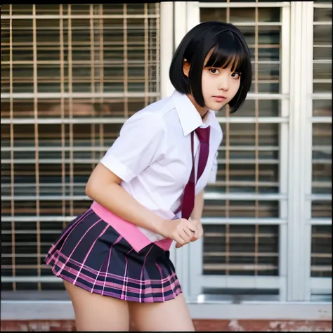 Schoolgirl uniform,  costume play, cute, big sister, black hair, bob, pink panties, skirt pulled up, blush, super shameful, contempt