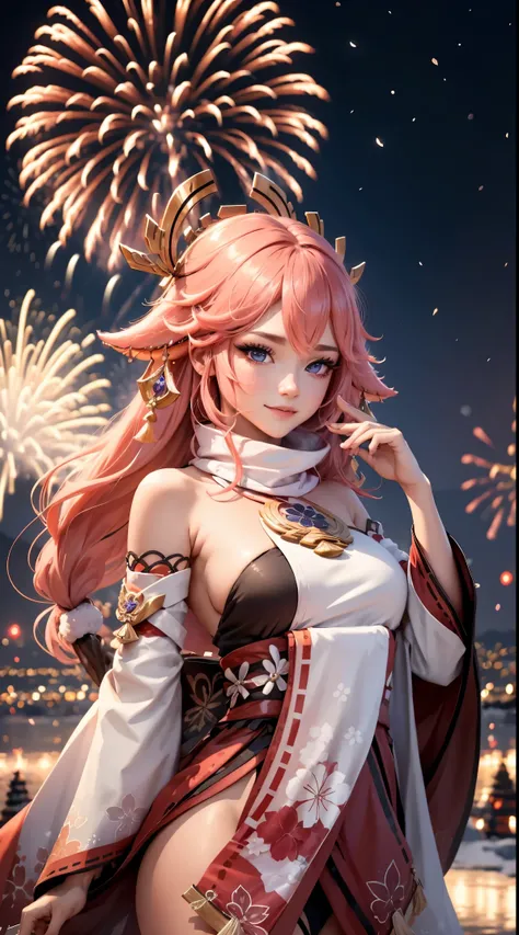 Festival poster, Happy New Year 2024,wide wide shot,Expansive night sky,Winter snowflakes fluttering,landscape,painting,illustration,portrait,yae miko, pink hair, sleeves separated, strapless,((grand fireworks display in the night sky)),mesmerizing colors ...