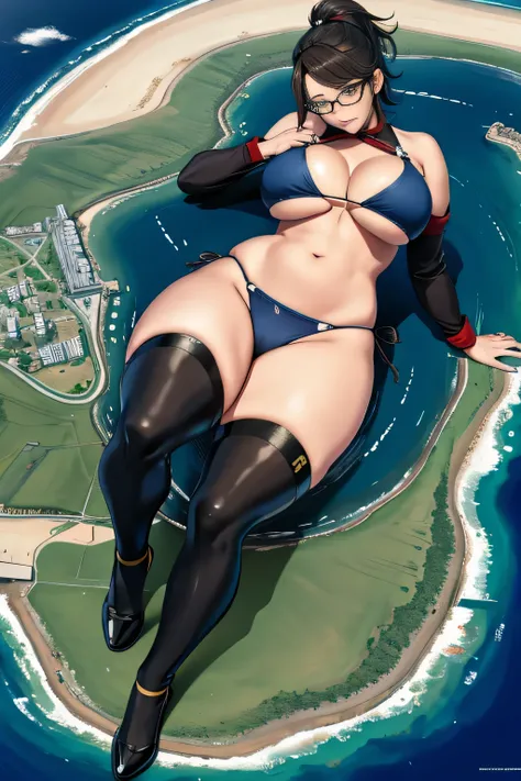 der riese art, 非常に詳細なder rieseショット, der riese, Shorthair, Giant woman bigger than a skyscraper, Wearing rimless glasses, Colossal tits, Big ass, Bikini swimwear, i&#39;I&#39;m playing with small aircraft carriers and battleships in the land of dwarfs.。., F...