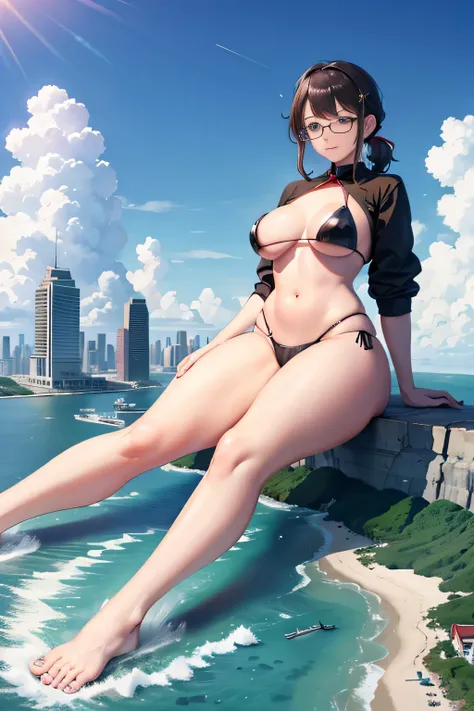 der riese art, 非常に詳細なder rieseショット, der riese, Shorthair, Giant woman bigger than a skyscraper, Wearing rimless glasses, Colossal tits, Big ass, Bikini swimwear, i&#39;I&#39;m playing with small aircraft carriers and battleships in the land of dwarfs.。., F...