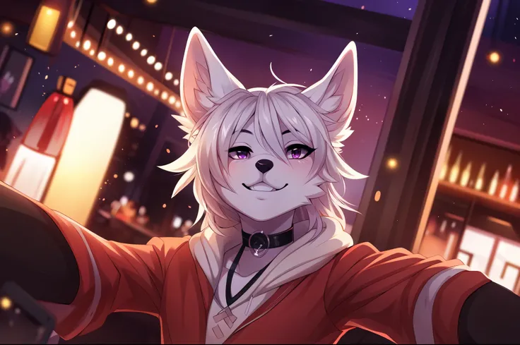 Solo, an all white wolf boy, femboy, feminine, purple eyes, white wolf ears, cute snout, black nose, wearing pink blouse, black choker, grinning, taking a selfie, in a busy club, cell shading, by fumiko, by hioshiru, by hyattlen