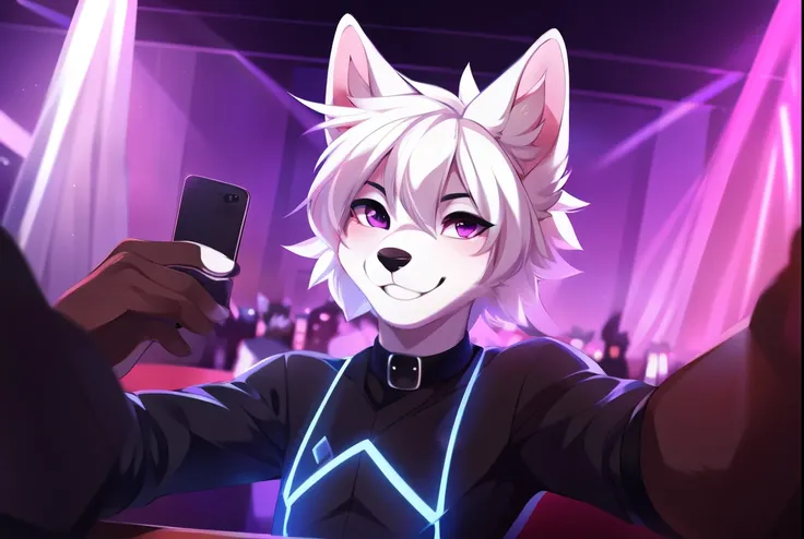 Solo, an all white wolf boy, short white hair, femboy, feminine, purple eyes, white wolf ears, cute snout, black nose, wearing pink blouse, black choker, grinning, taking a selfie, in a busy club, cell shading, by fumiko, by hioshiru, by hyattlen