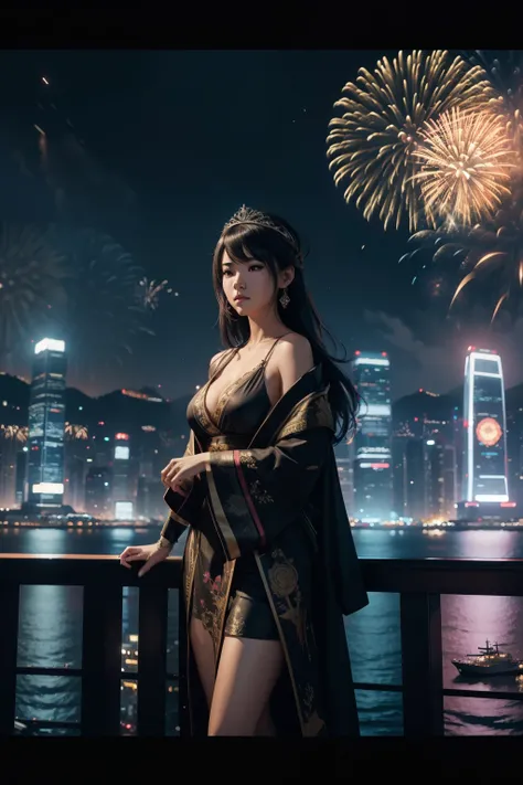 fireworks over the city at night with boats and ships, cyberpunk art by Patrick Ching, trending on cgsociety, digital art, beautiful cityscape, 4k highly detailed digital art, city like hong kong, hd anime cityscape, beautiful digital artwork, beautiful ci...