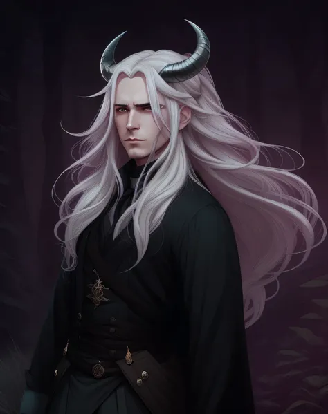 a man with long white hair and horns standing in a forest, charlie bowater art style, style of charlie bowater, charlie bowater rich deep colors, by Charlie Bowater, in style of charlie bowater, magali villeneuve, charlie bowater character art, inspired by...