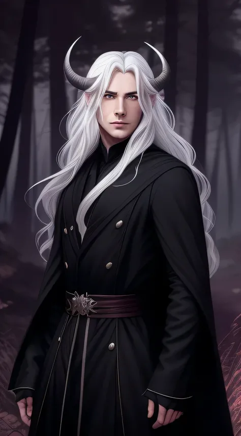 a man with long white hair and horns standing in a forest, charlie bowater art style, style of charlie bowater, charlie bowater rich deep colors, by Charlie Bowater, in style of charlie bowater, magali villeneuve, charlie bowater character art, inspired by...