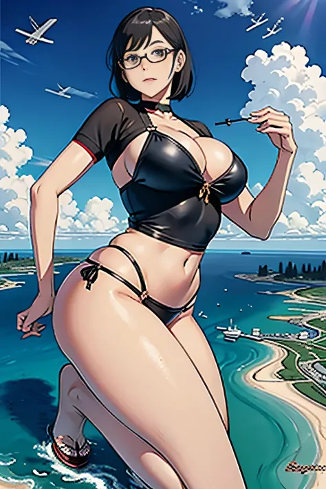 der riese art, 非常に詳細なder rieseショット, der riese, Shorthair, Giant woman bigger than a skyscraper, Wearing rimless glasses, Colossal tits, Big ass, Bikini swimwear, i&#39;I&#39;m playing with small aircraft carriers and battleships in the land of dwarfs.。., F...