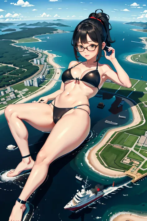 der riese art, 非常に詳細なder rieseショット, der riese, Shorthair, Giant woman bigger than a skyscraper, Wearing rimless glasses, Colossal tits, Big ass, Bikini swimwear, i&#39;I&#39;m playing with small aircraft carriers and battleships in the land of dwarfs.。., F...