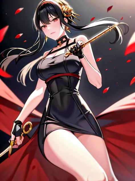 yor briar,spy family,masterpiece,high resolution,perfect anatomy,cinematic lighting,anime keyvisual,beautiful detailed eyes,best quality,

1girl, bare shoulders, black background, black dress, black gloves, black hair, blood, blood on weapon, closed mouth,...