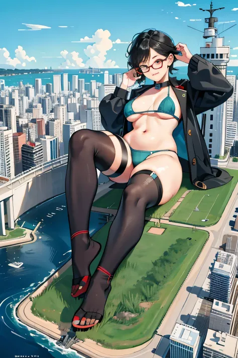 der riese art, 非常に詳細なder rieseショット, der riese, Shorthair, Giant woman bigger than a skyscraper, Wearing rimless glasses, Colossal tits, Big ass, Bikini swimwear, i&#39;I&#39;m playing with small aircraft carriers and battleships in the land of dwarfs.。., F...