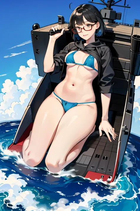 der riese art, 非常に詳細なder rieseショット, der riese, Shorthair, Giant woman bigger than a skyscraper, Wearing rimless glasses, Colossal tits, Big ass, Bikini swimwear, i&#39;I&#39;m playing with small aircraft carriers and battleships in the land of dwarfs.。., F...