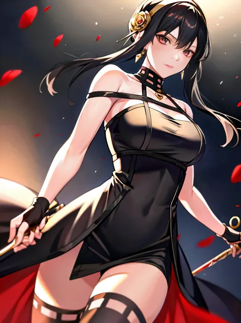 yor briar,spy family,masterpiece,high resolution,perfect anatomy,cinematic lighting,anime keyvisual,beautiful detailed eyes,best quality,dynamic angle,

1girl, bare shoulders, black background, black dress, black gloves, black hair, blood, blood on weapon,...