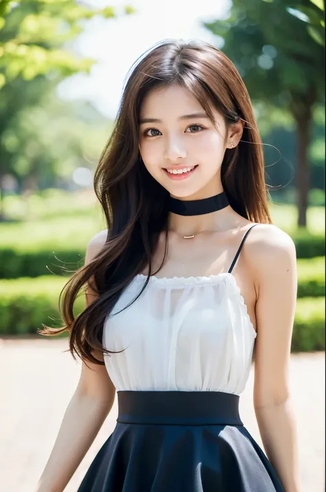 ulzzang -6500-v1.1, (Raw photo:1.2), (Photorealsitic), a beautiful detailed girl, (Real: 1.4), ighly detailedな目と顔, beatiful detailed eyes,  (Strapless blouse, flered skirt, Ultra-realistic pantyhose:1.2, a black choker)、full body Esbian、 (Very affectionate...