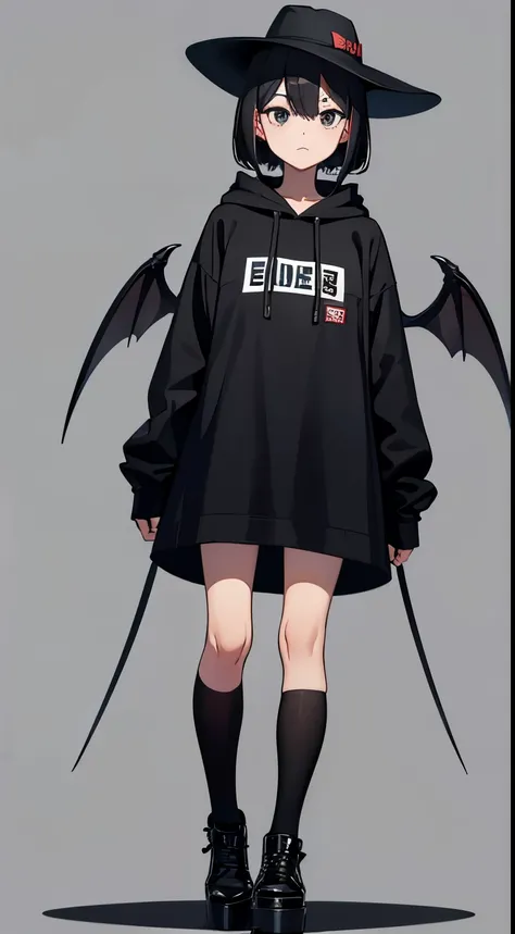 20yr old、femele、black wide-brimmed hat、A dark-haired、Hairstyle Bob、Black eyes、black hoodie dress、Black long socks、Black platform boots、20m devil wings、No horn、Human ear、Breast Size E Cup、standing up