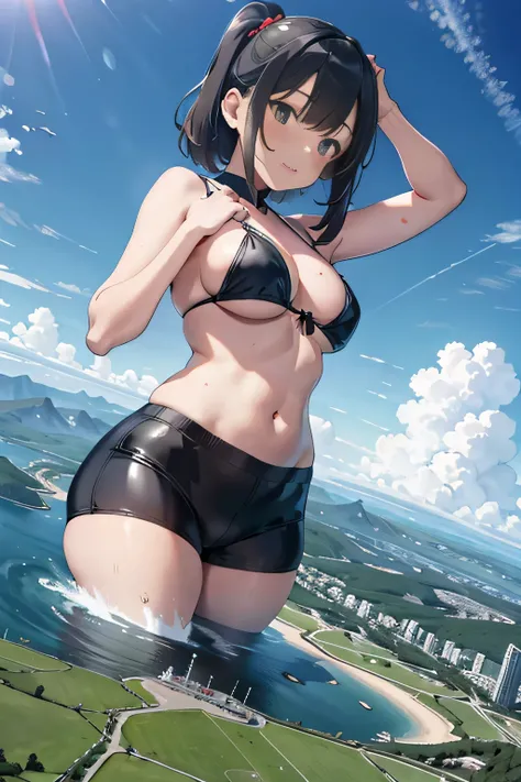 der riese art, 非常に詳細なder rieseショット, der riese, Shorthair, Giant woman bigger than a skyscraper, Wearing rimless glasses, Colossal tits, Big ass, Bikini swimwear, i&#39;I&#39;m playing with small aircraft carriers and battleships in the land of dwarfs.。., F...