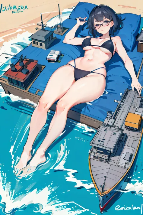 der riese art, 非常に詳細なder rieseショット, der riese, Shorthair, Giant woman bigger than a skyscraper, Wearing rimless glasses, Colossal tits, Big ass, Bikini swimwear, i&#39;I&#39;m playing with small aircraft carriers and battleships in the land of dwarfs.。., F...